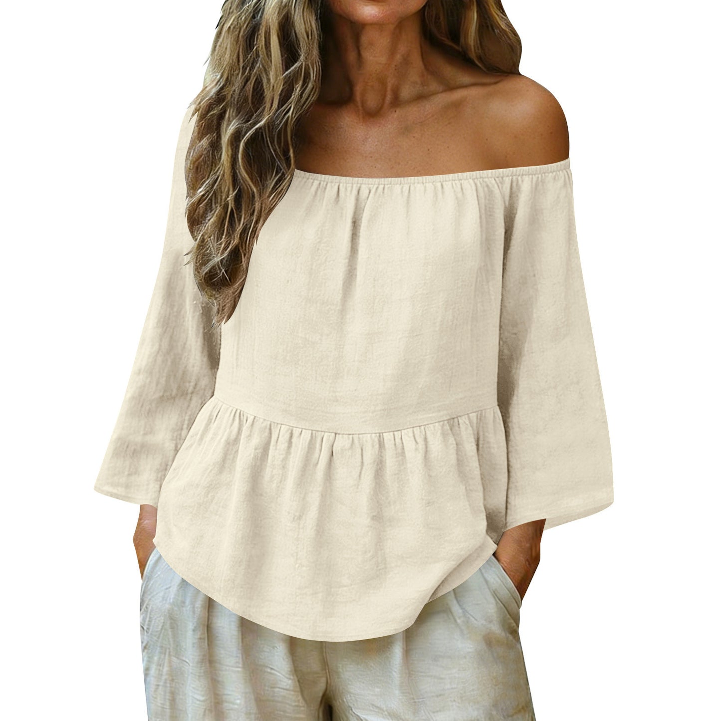 Linen Off Shoulder Blouse Relaxed Fit Boho Top