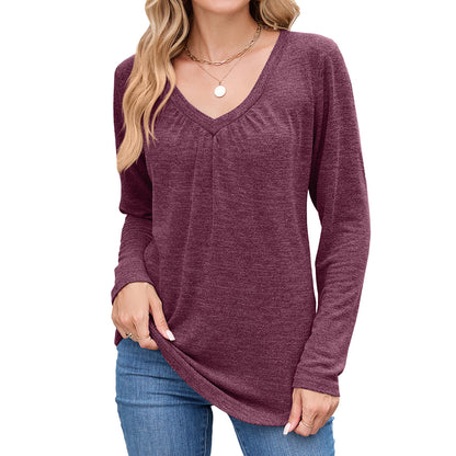 Women's Ruched V Neck Long Sleeve Loose Tunic Top