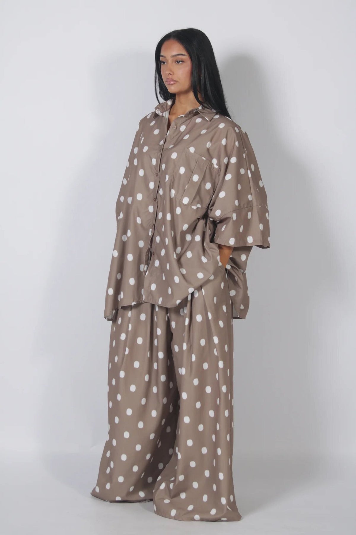 Women's Oversized Polka Dot Shirt Wide Leg Pants Set