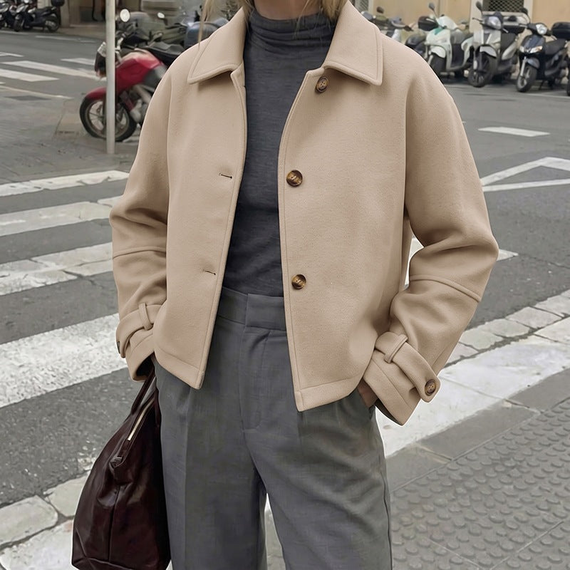 Textured Cropped Coat Lapel Button Front Jacket