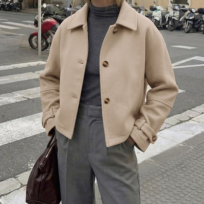 Textured Cropped Coat Lapel Button Front Jacket
