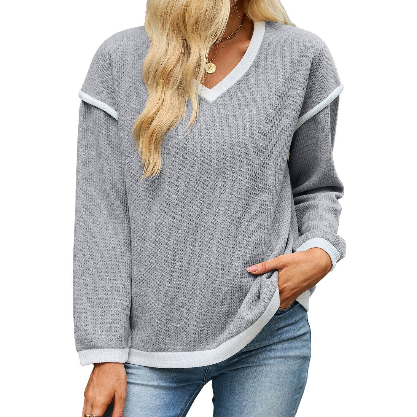 Women's Color Block V Neck Long Sleeve Knit Tunic Top
