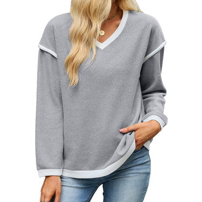 Women's Color Block V Neck Long Sleeve Knit Tunic Top