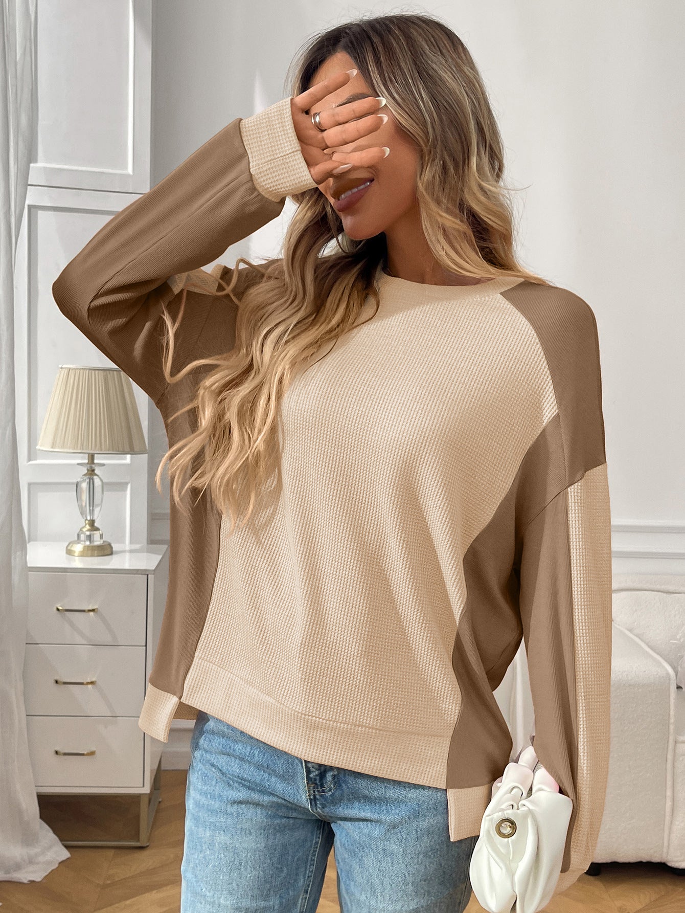 Color Block Waffle Knit Long Sleeve Pullover Top