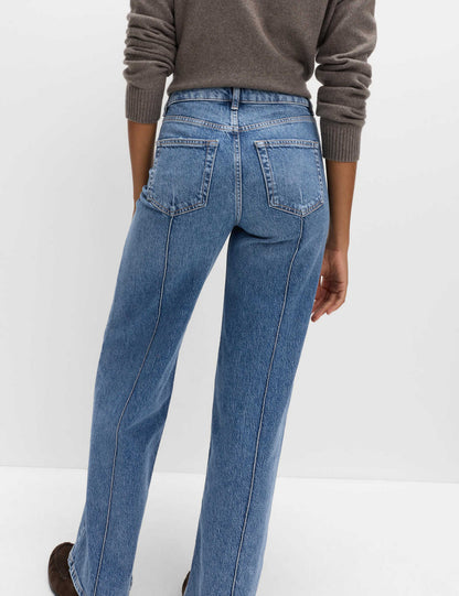High Waist Contrast Stitch Wide Leg Washed Jeans
