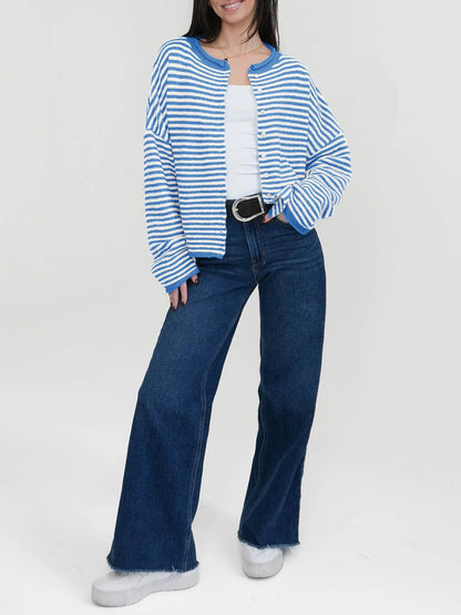 Striped Color Block Cardigan Sweater | Long Sleeve Casual Open Front