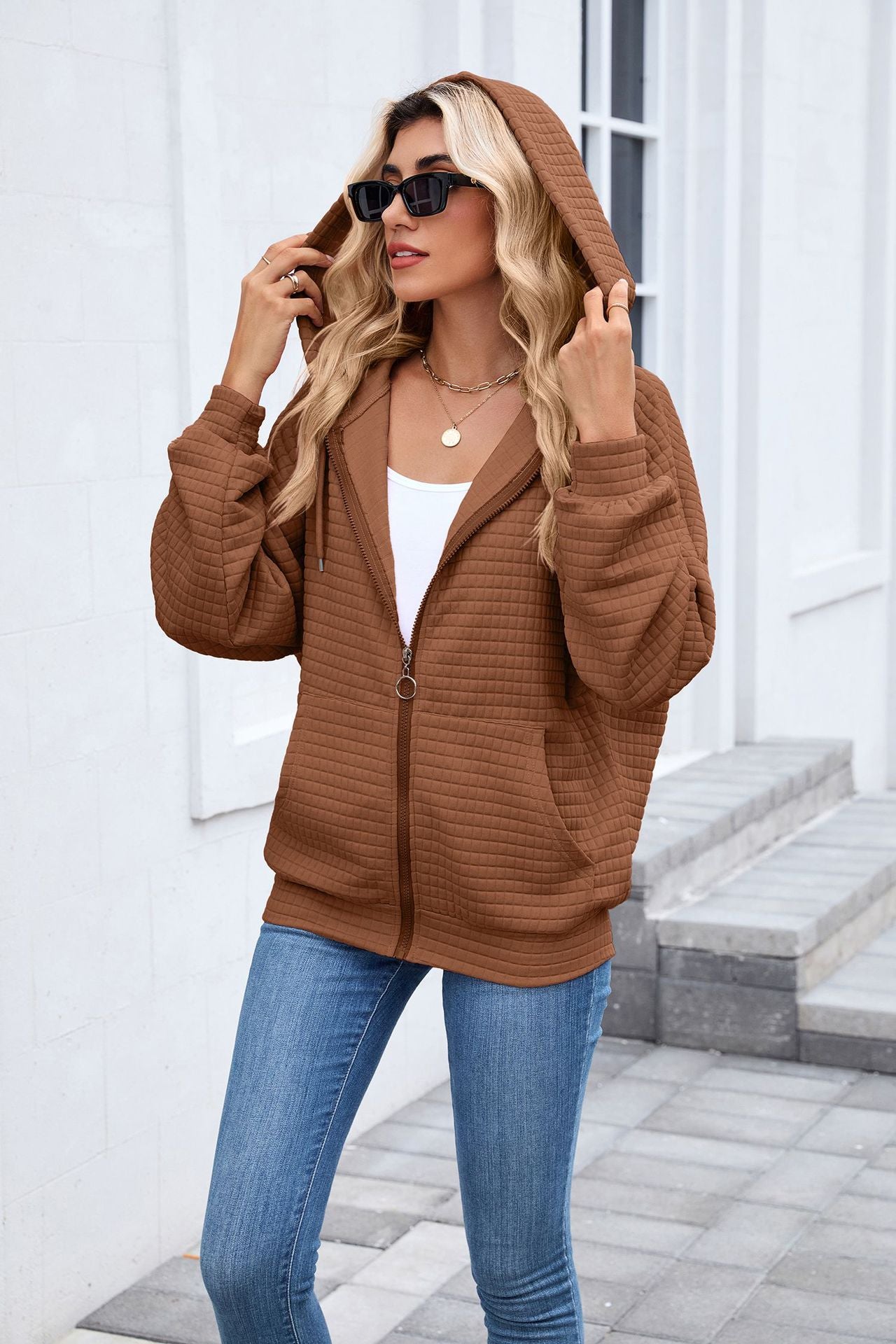 Quilted Zip Up Hooded Jacket Hoodie with Pockets