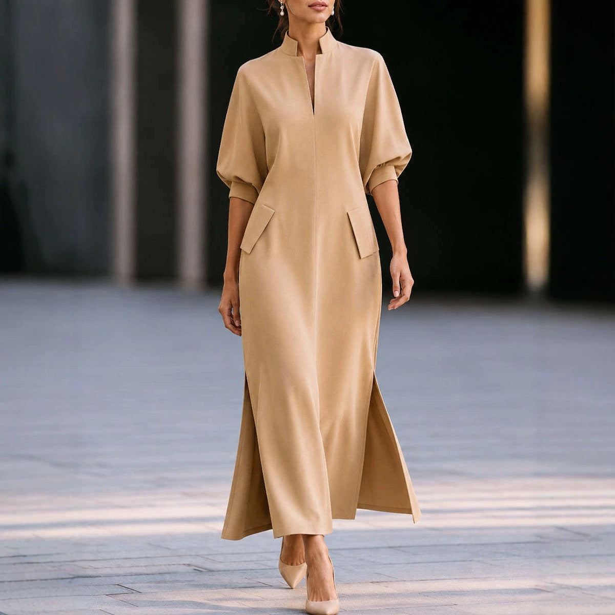Elegant Mandarin Collar Balloon Sleeve Slit Maxi Dress