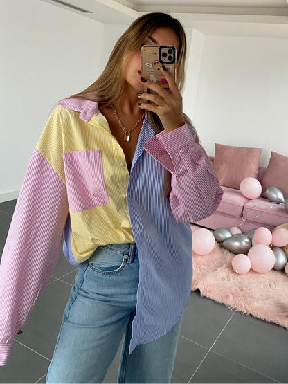 Women's Color Block Striped Oversized Button Down Shirt