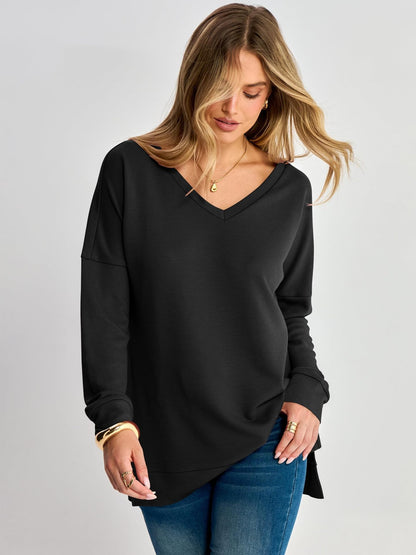 Waffle Knit Top V Neck Side Slit Relaxed Fit
