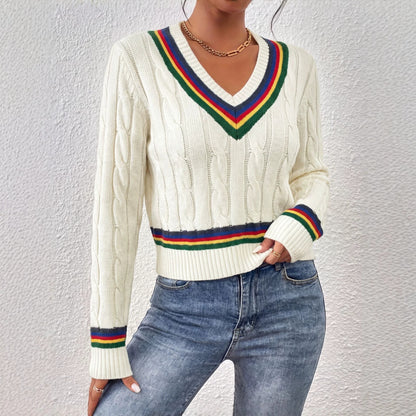 Women's V-Neck Cable Knit Rainbow Striped Sweater