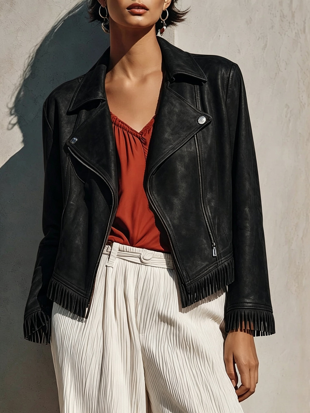 Women's Faux Suede Fringe Moto Jacket Zip Up