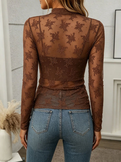 Mesh Lace Sheer Top Slim Fit Y2K Long Sleeve Blouse
