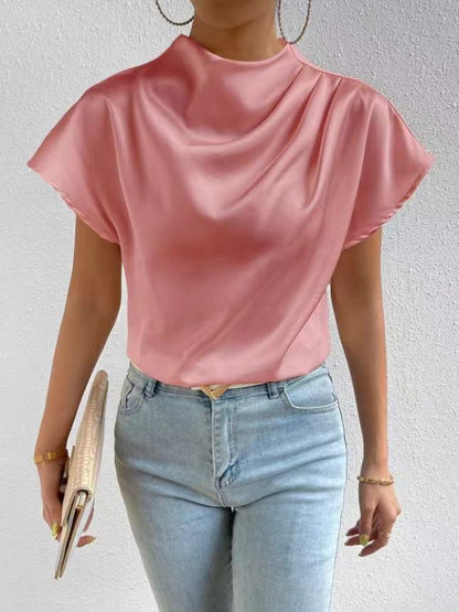 Women's Satin Mock Neck Draped Cap Sleeve Blouse
