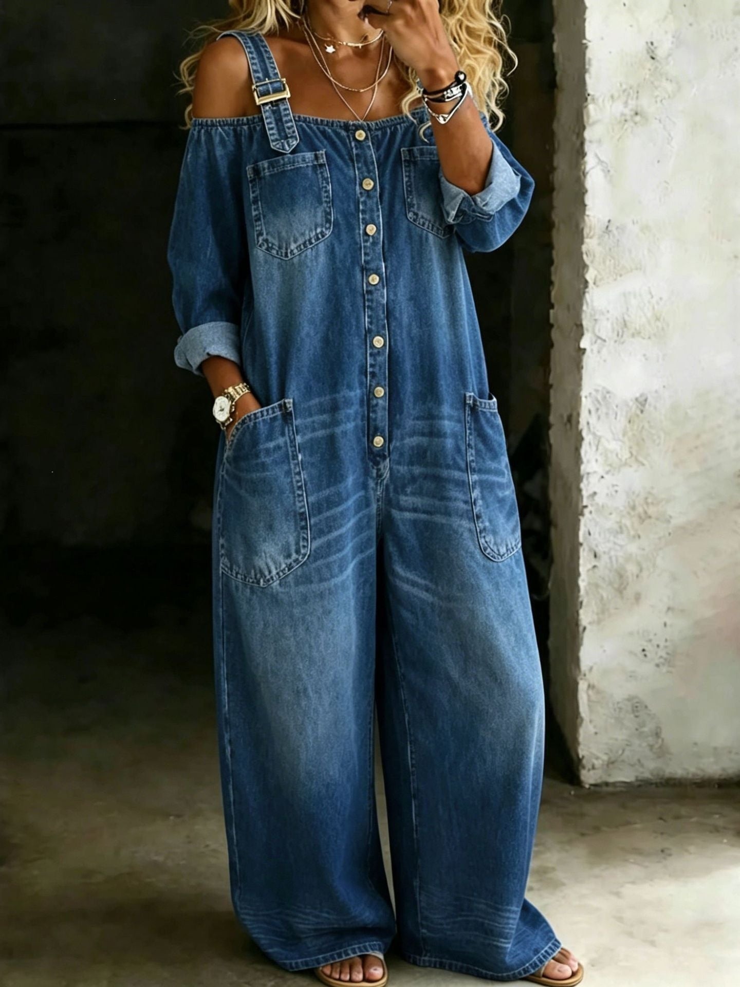 Women's Off Shoulder Denim Overalls Button Front Wide Leg
