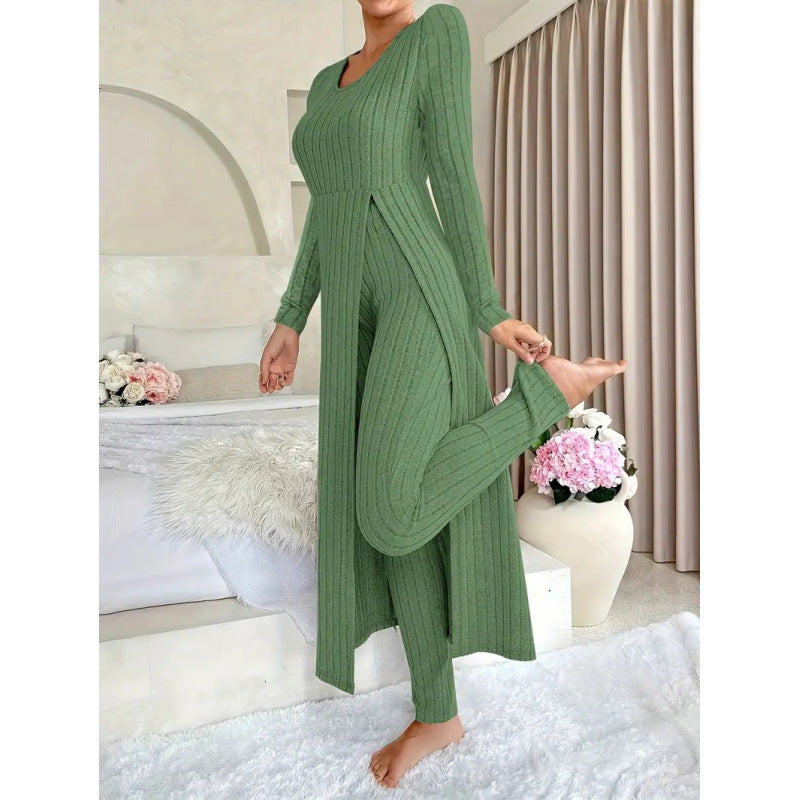 Women's Ribbed Knit Side Split Long Sleeve Two Piece Set