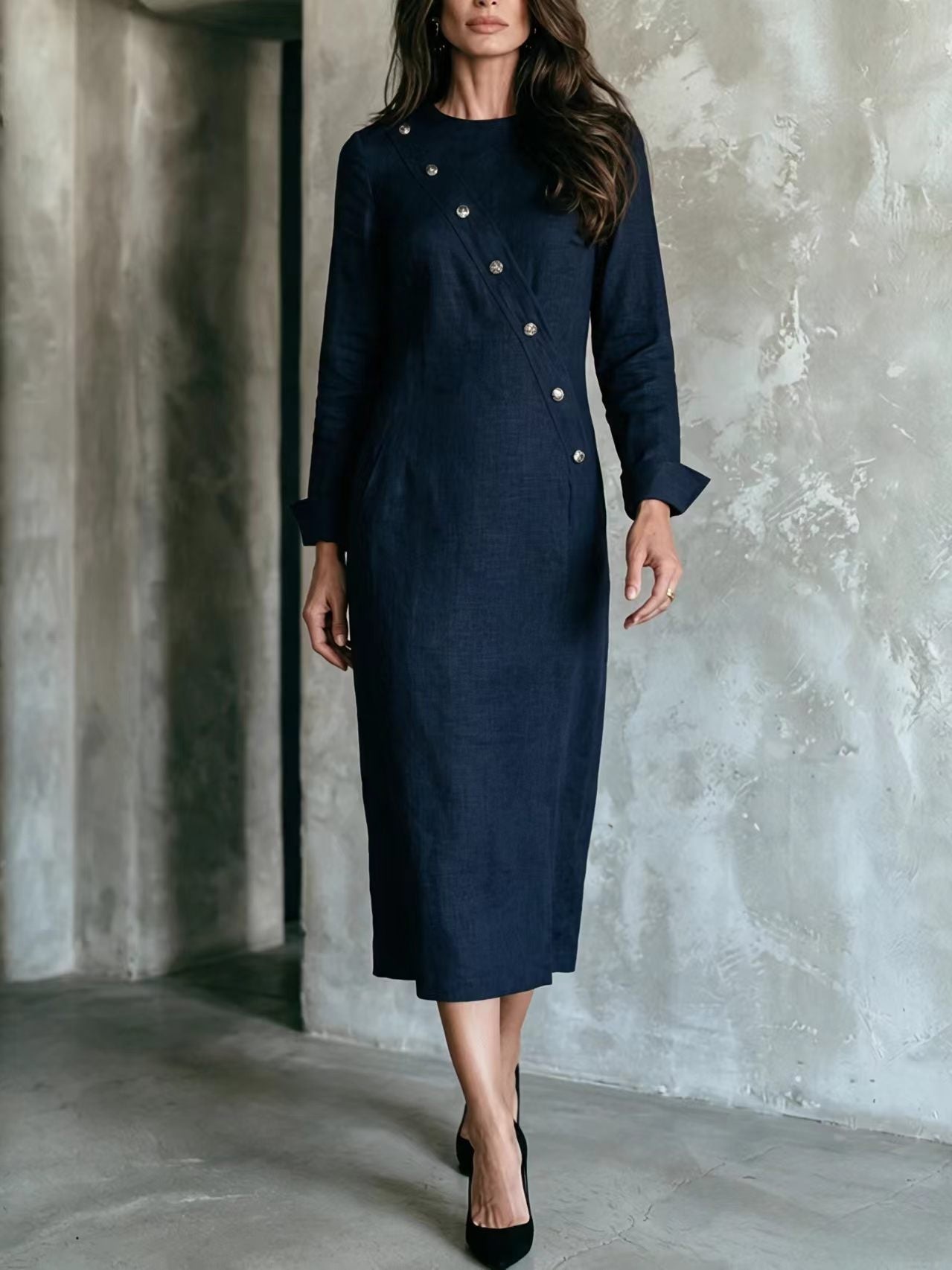 Women's Elegant Asymmetric Button Long Sleeve Midi Dress
