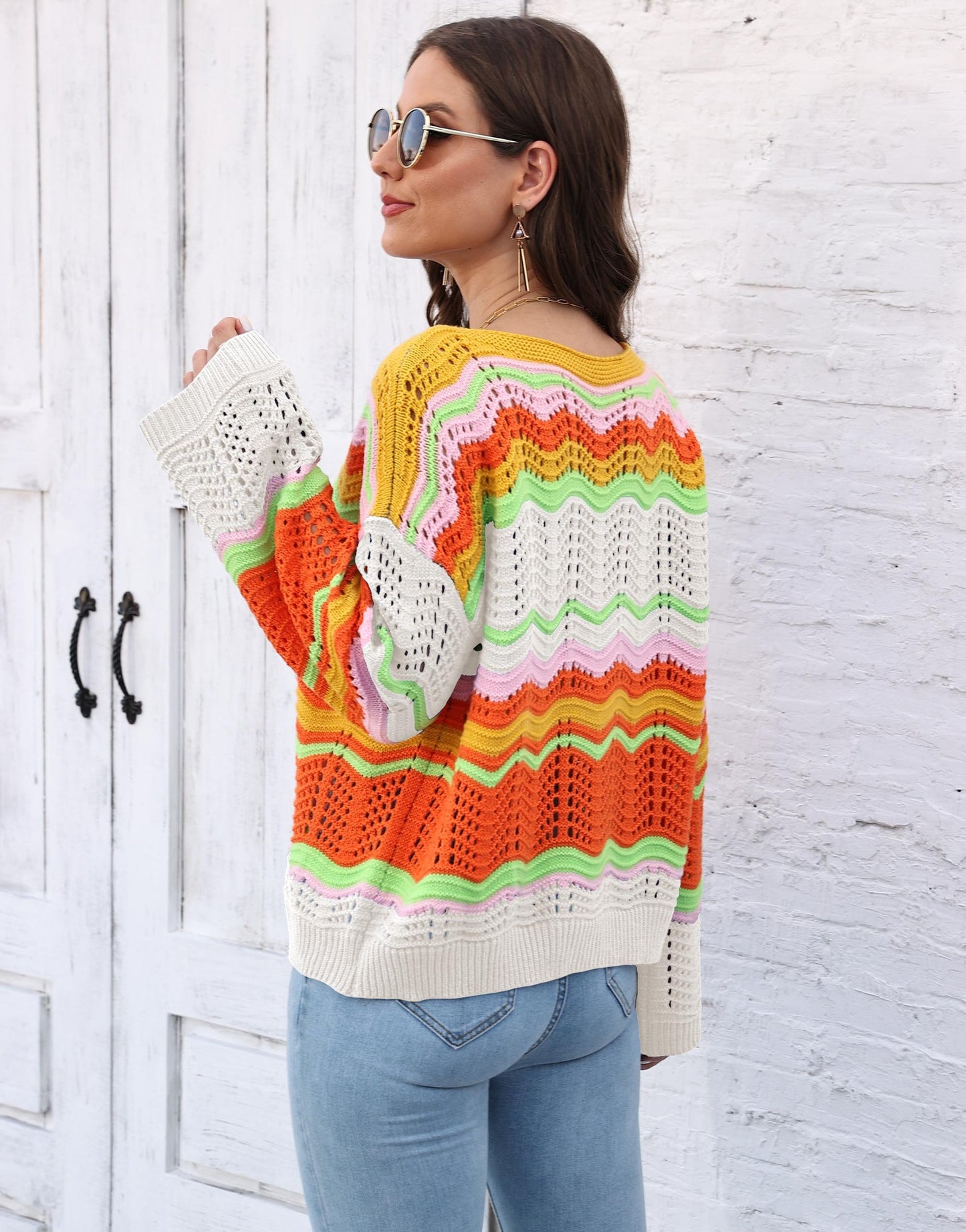 Women's Rainbow Pattern Intercolor Splicing Striped Long Sleeve Sweater