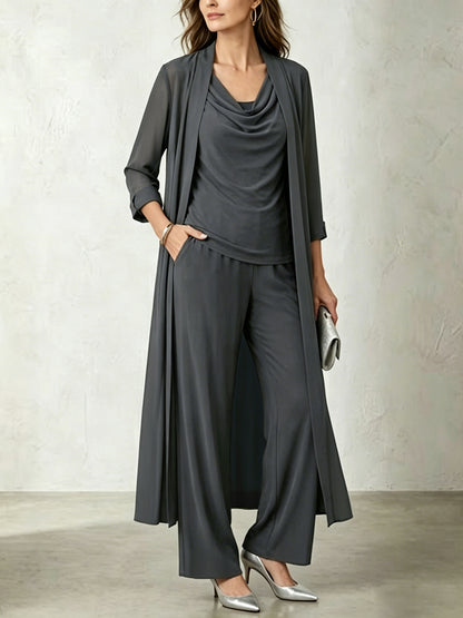 Women's 3 Piece Cowl Neck Top Long Cardigan Pants Set
