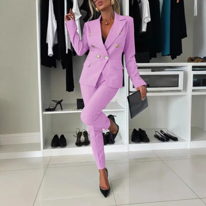 Women's Solid Blazer & Pants 2 Piece Business Casual Set