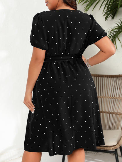 Plus Size Polka Dot Square Neck Tie Waist Midi Dress