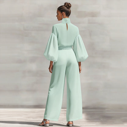 Women's Lantern Sleeve Blouse Wide Leg Pants Two Piece Set