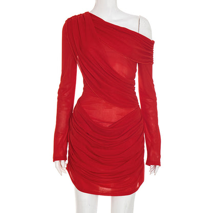 Sexy One Shoulder Ruched Long Sleeve Mesh Mini Dress