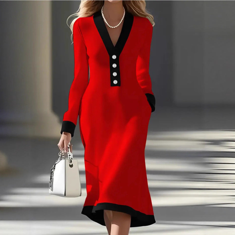 Colorblock V Neck Button Long Sleeve Midi Work Dress