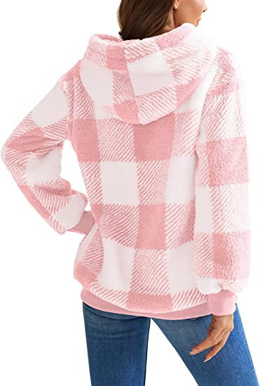 Women's Plaid Sherpa Hoodie Oversized Fleece Pullover