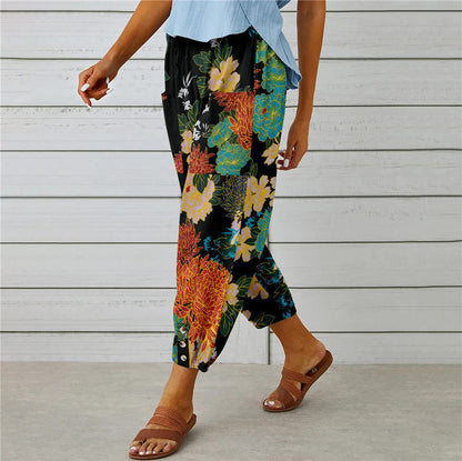 Women's Boho Floral High Waist Cotton Linen Joggers