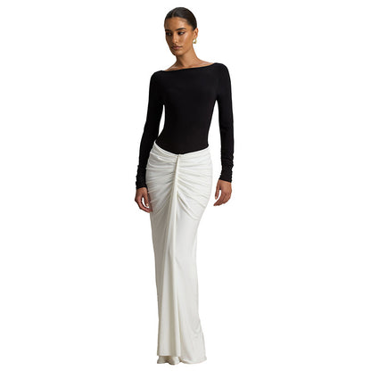 Two Tone Boat Neck Backless Ruched Long Sleeve Maxi Dress