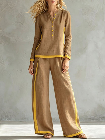 Women's Colorblock Wide Leg Pant Set Button Front Top