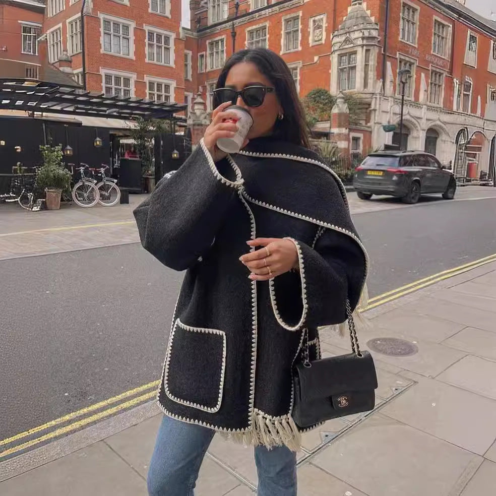 Women's Oversized Faux Wool Scarf Coat With Fringe