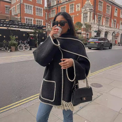 Women's Oversized Faux Wool Scarf Coat With Fringe