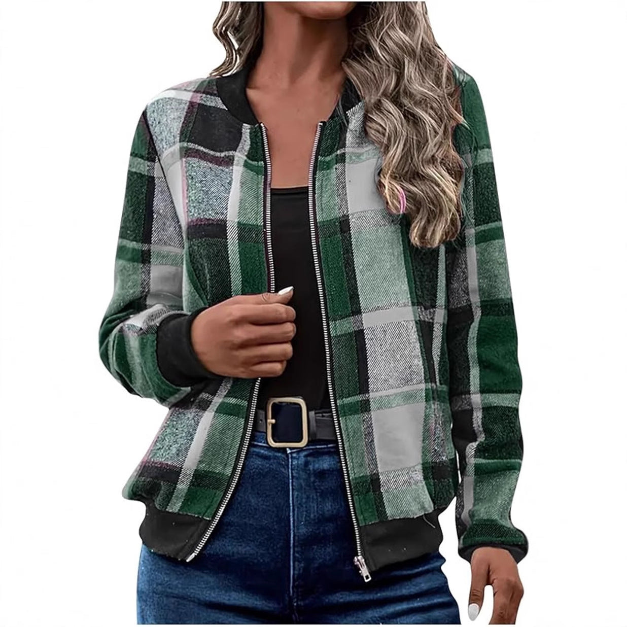 Women's Plaid Zip-Up Bomber Jacket Casual