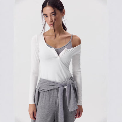Women's Scoop Neck Long Sleeve Button Front Fitted Modal Tee