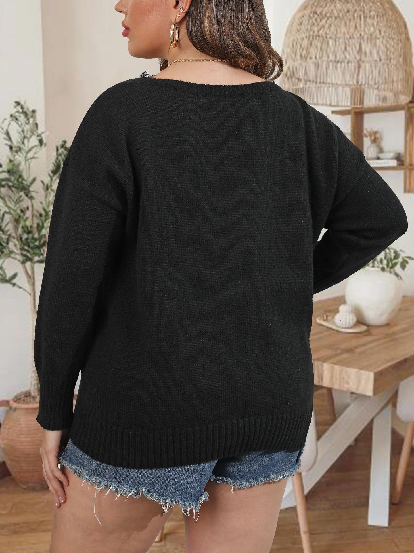 Women's Deep V-Neck Splicing Lace Pullover Long Sleeve Sweater