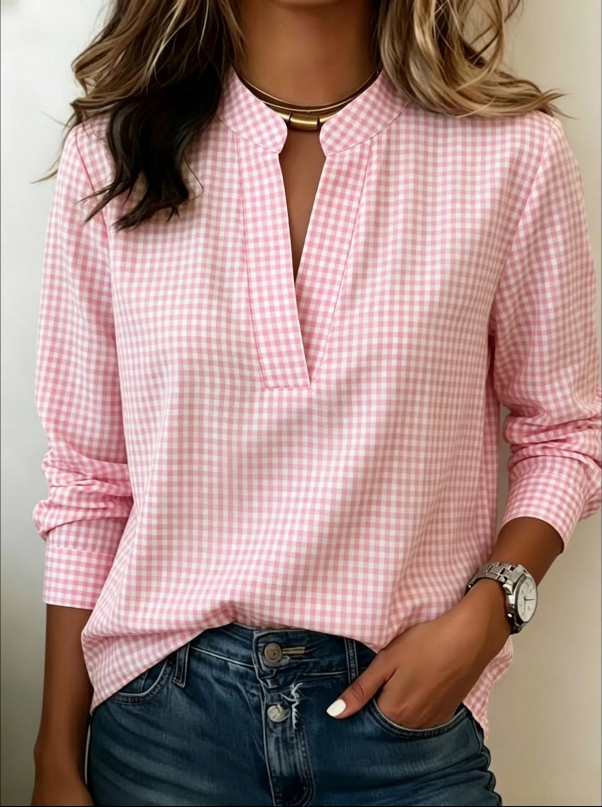 Women's Gingham Long Sleeve Pullover Blouse