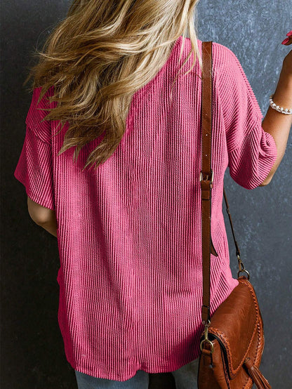 Women’s Ribbed V Neck Short Sleeve Pocket Tee