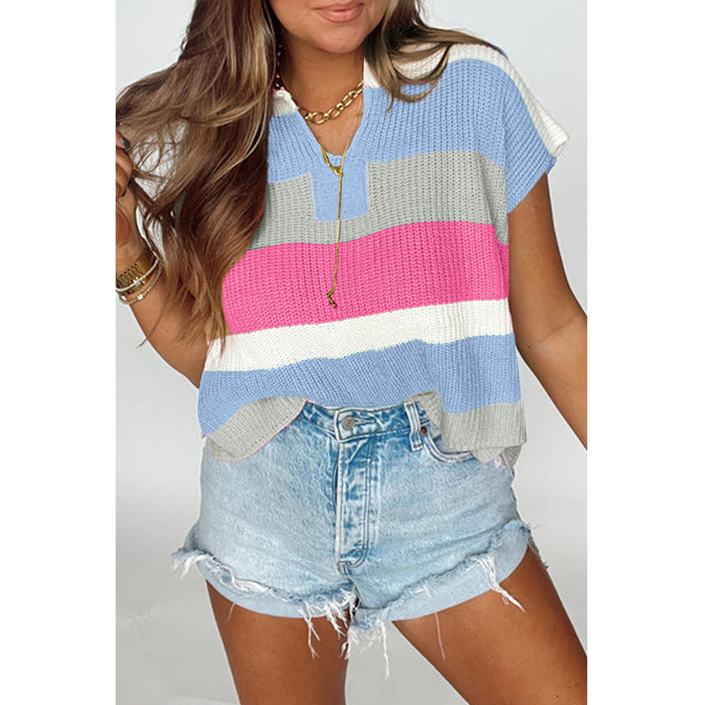 Blue White Pink Colorblock Notch Neck Knit Top