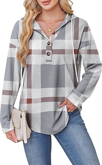 Women's Plaid Button Hoodie Long Sleeve Pullover