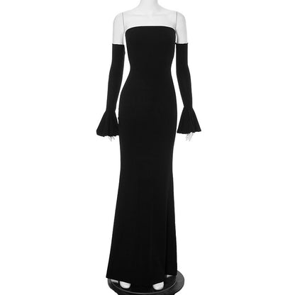 Strapless Bodycon Mermaid Maxi Dress Bell Sleeves