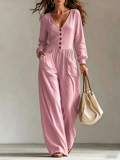 Women's V-Neck Wide Leg Jumpsuit Long Sleeve Pockets