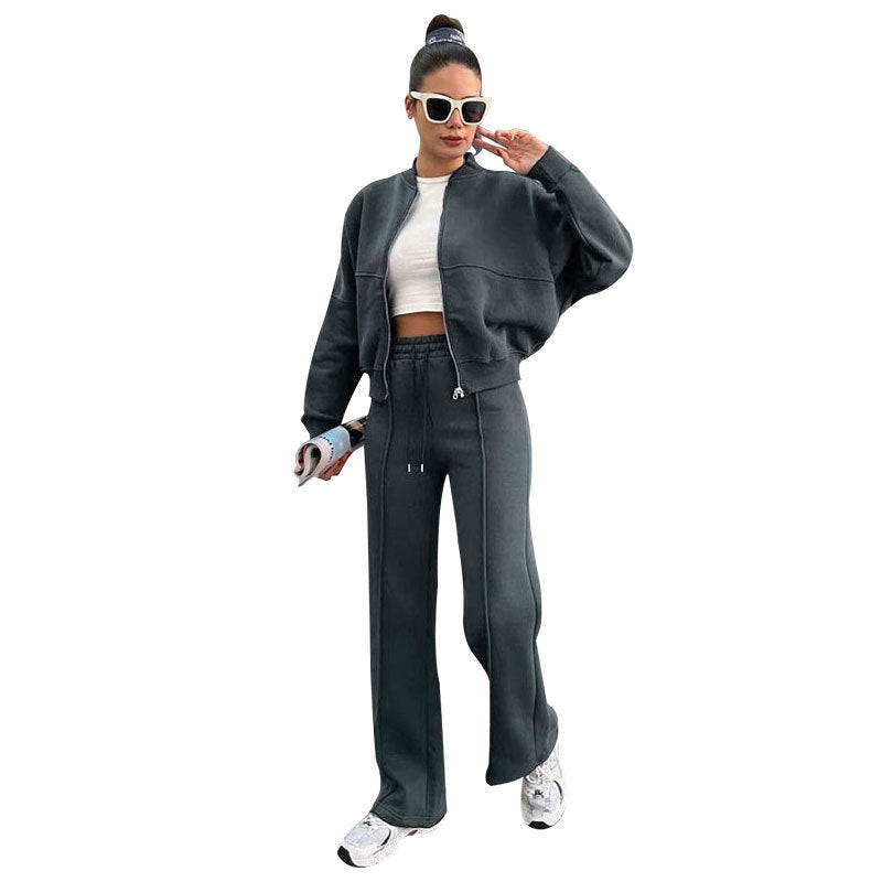 Women's Fleece Lined Zip Up Jacket Wide Leg Pants Set
