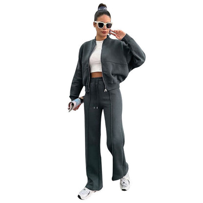 Women's Fleece Lined Zip Up Jacket Wide Leg Pants Set