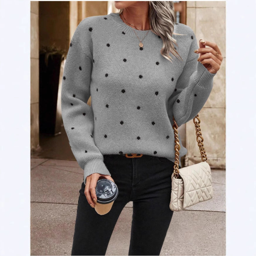 Women's Polka Dot Crew Neck Long Sleeve Sweater