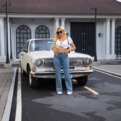 High Waist Vintage Wash Wide Leg Denim Jeans
