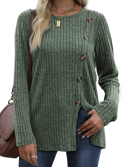 Women's Side Button Ribbed Long Sleeve Tunic Top
