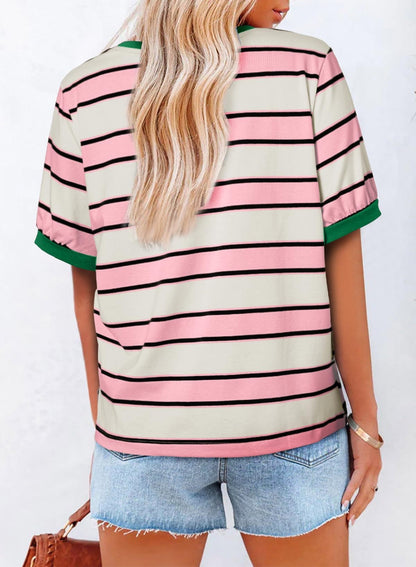 Women Striped Color Block Tee Casual Loose Fit Summer Top