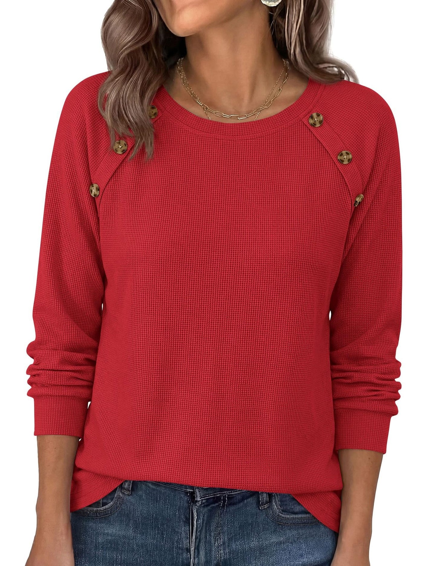 Waffle Knit Button Henley Top Crew Neck Long Sleeve Tee